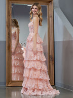 Vestido de fiesta de princesa rosa con hombros descubiertos, corsé y volantes de encaje