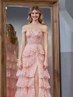 Vestido de fiesta de princesa rosa con hombros descubiertos, corsé y volantes de encaje