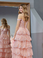 Vestido de fiesta de princesa rosa con hombros descubiertos, corsé y volantes de encaje