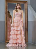 Vestido de fiesta de princesa rosa con hombros descubiertos, corsé y volantes de encaje