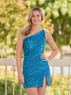 Cate | Sheath One Shoulder Blue Sequin Homecoming Dress With Slit