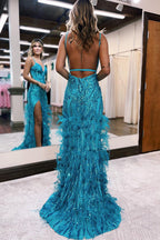 Sonia | Vestidos de fiesta de sirena con escote en V, encaje y lentejuelas color jade con abertura