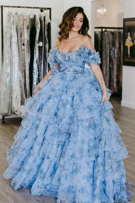 Sigourney | Langes Ballkleid in A-Linie mit Blumenmuster und Rüschen