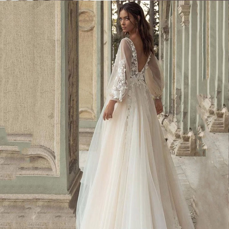 Charming Long Puffy Sleeves Wedding Dresses A-Line V Neck Appliques Open Back Sweep Train Bridal Gown Custom Made-payinti