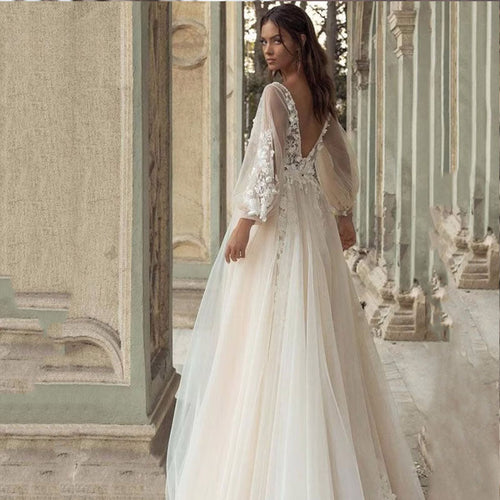 Charming Long Puffy Sleeves Wedding Dresses A-Line V Neck Appliques Open Back Sweep Train Bridal Gown Custom Made-payinti