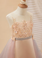 A-Linie Satin Tüll Sweep/Pinsel zug Champagner Kleid (010226776) 