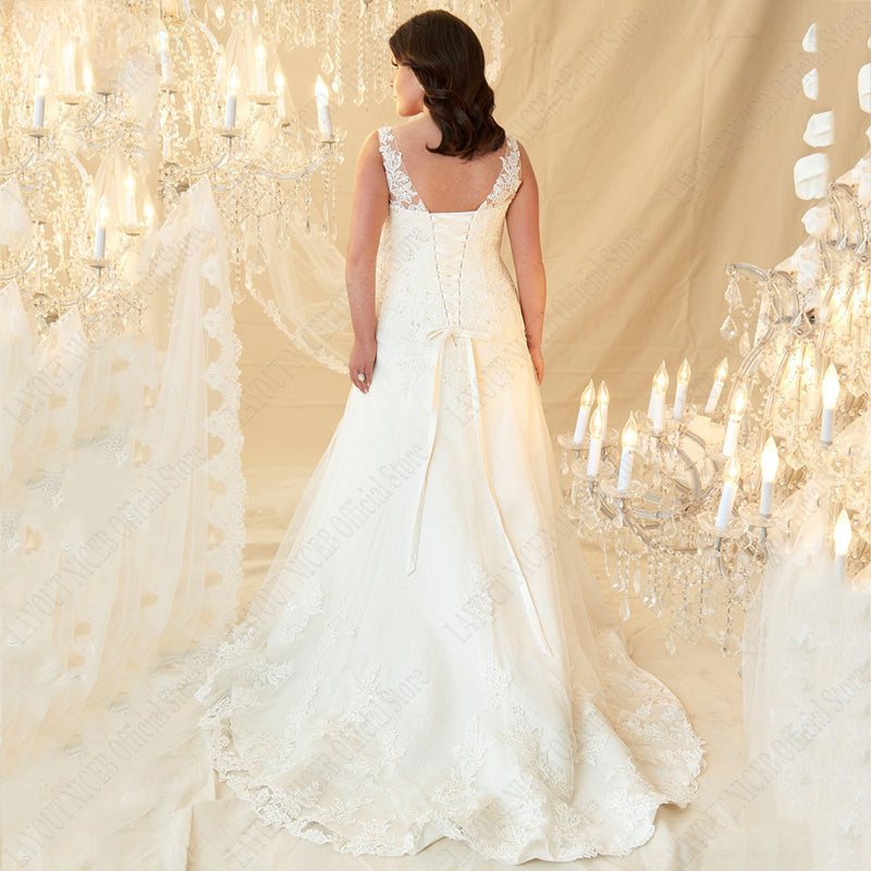 Plus Size Wedding Dresses V-Neck Sleeveless Appliques Beads vestido noiva boho Lace Up Back Sweep Train Custom Made-payinti
