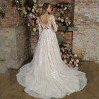Light Champagne Modern Wedding Dresses Backless Applique Bride Gowns A-Line Tulle V-Neck Long Sleeves vestido de noiva-payinti