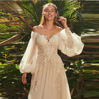 Light Champagne Wedding Dresses Pastrol Puff Long Sleeves 3D Flowers Bride Gowns A-Line Sexy Backless vestidos de novia-payinti