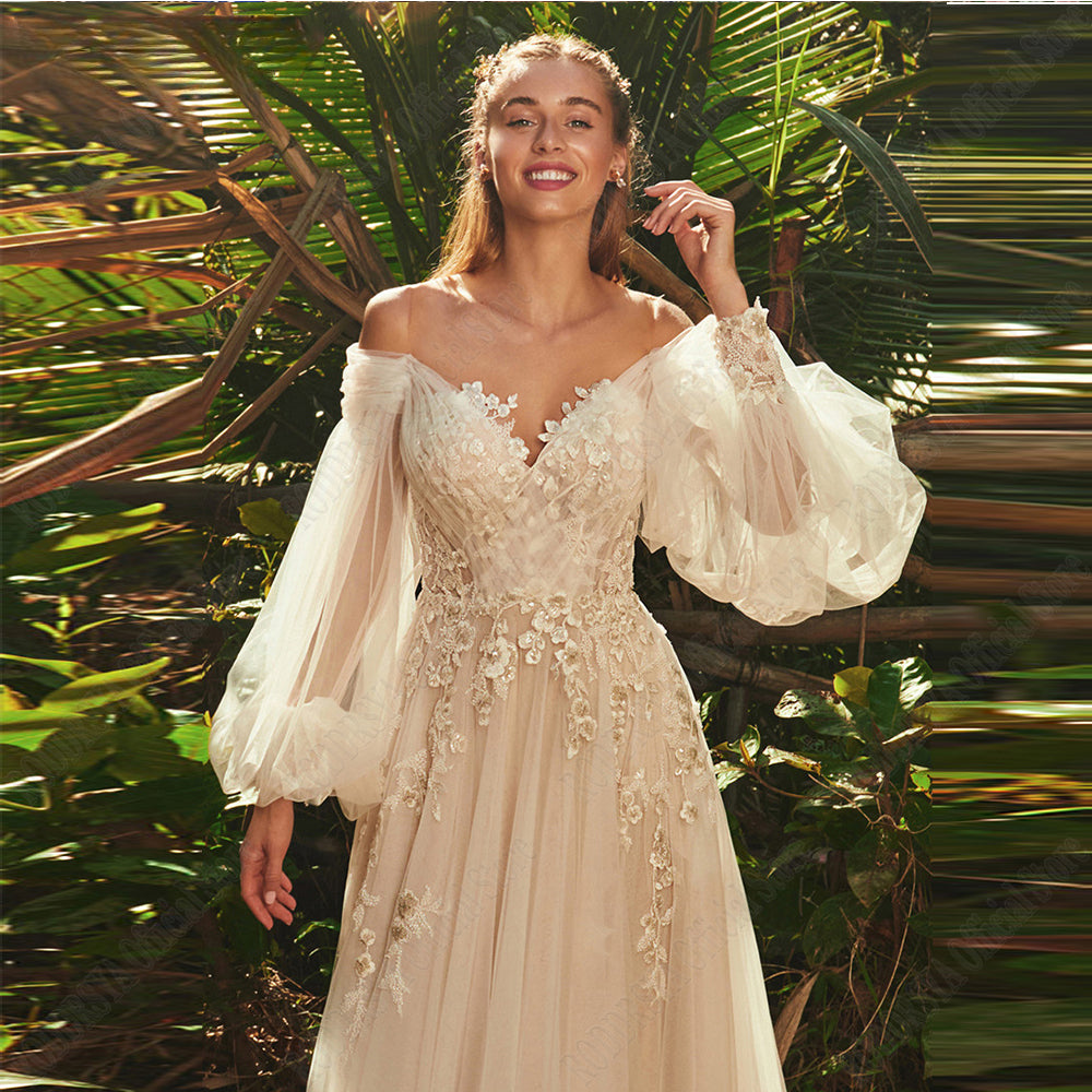 Light Champagne Wedding Dresses Pastrol Puff Long Sleeves 3D Flowers Bride Gowns A-Line Sexy Backless vestidos de novia-payinti