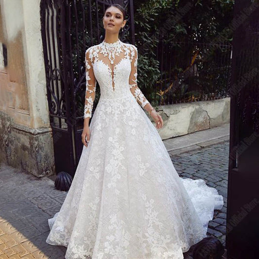 Wedding Dresses For Bride Long Sleeves Luxury Lace Backless High Neck Bridal Gown Appliques Vestidos De Boda-payinti