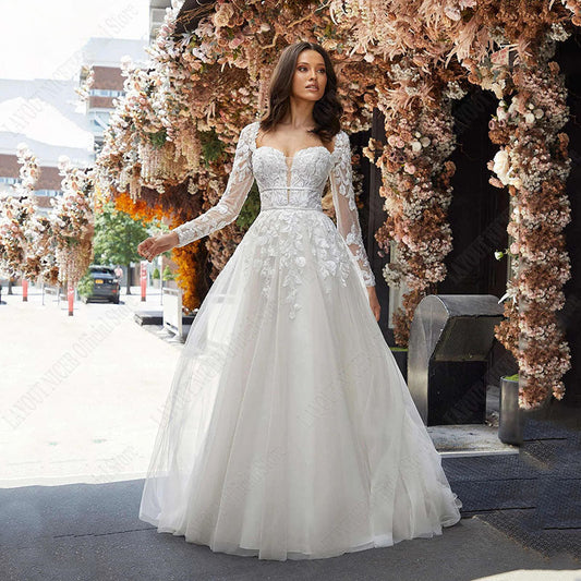 Wedding Dress A Line Removable Long Sleeve Bride Elegant Open Back Lace Bridal Gown Applique Tulle Vestido De Noiva-payinti