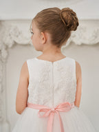 Duchesse-Linie/Princess-Linie Tüll Bodenlang Elfenbein Blumenmädchenkleid 