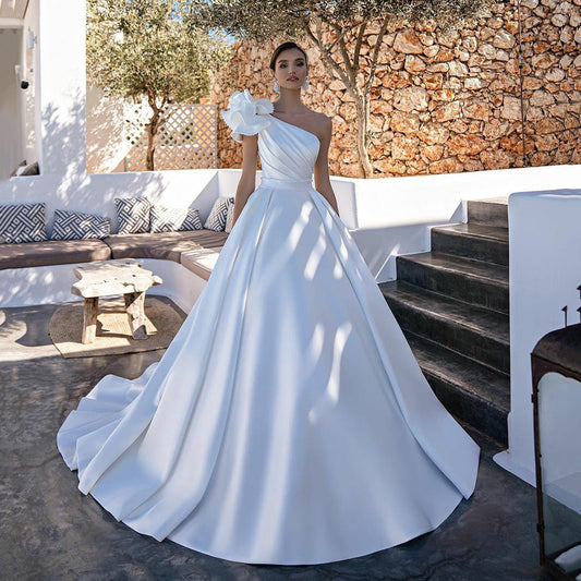Elegant A-Line One Shoulder Stain Wedding Dress Beading Sleeveless Bridal Gowns For Women Custom Made Vestido De Novia-payinti