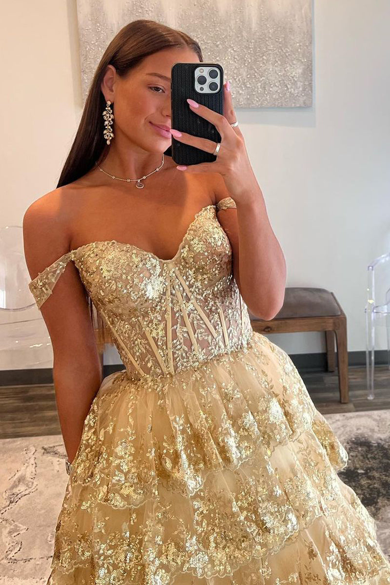 Leona | Vestido de fiesta de princesa con hombros descubiertos y encaje con lentejuelas