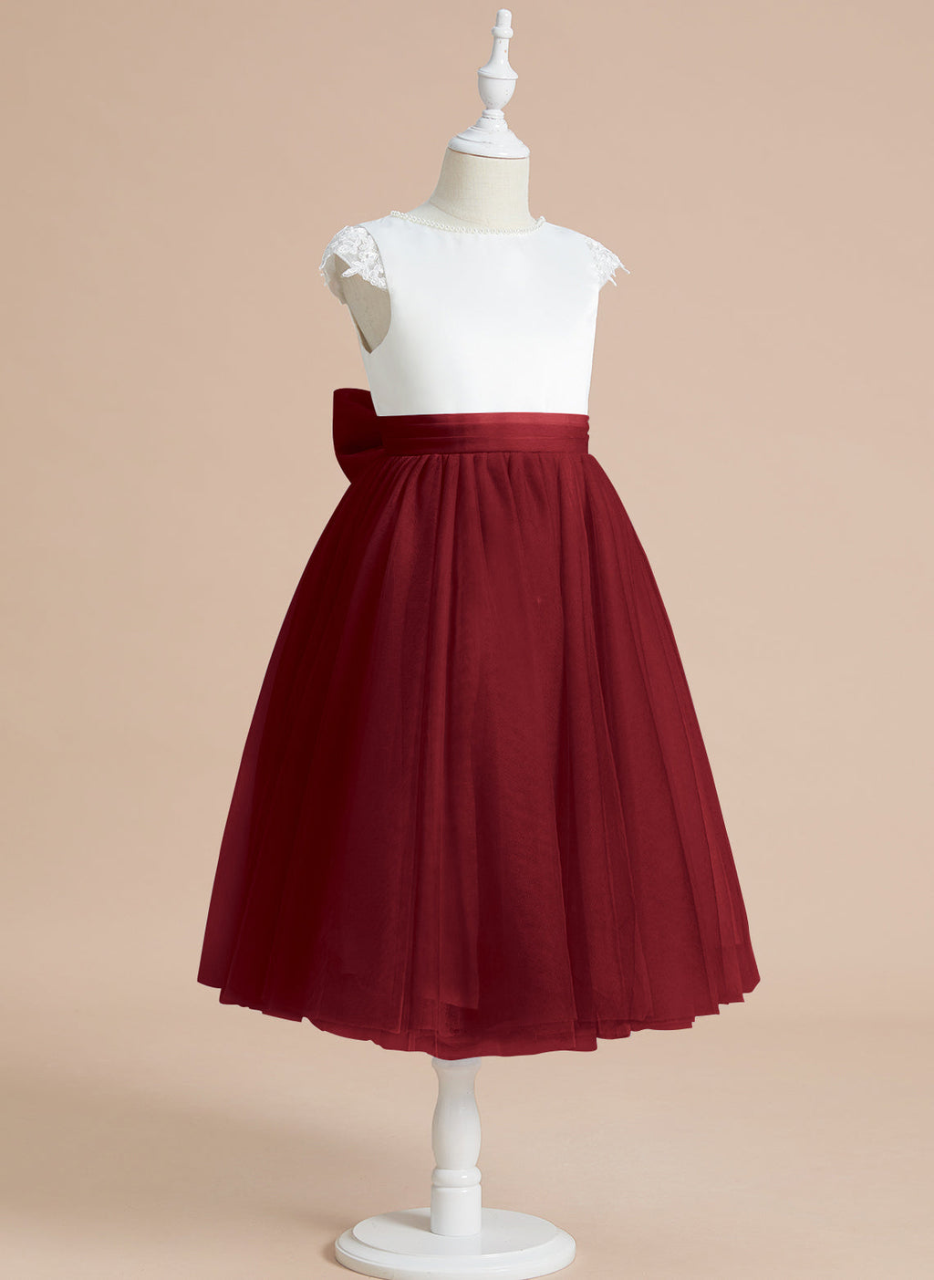 Vestido de niña de las flores de primera comunión de tul satinado con corte en A y largo hasta la rodilla