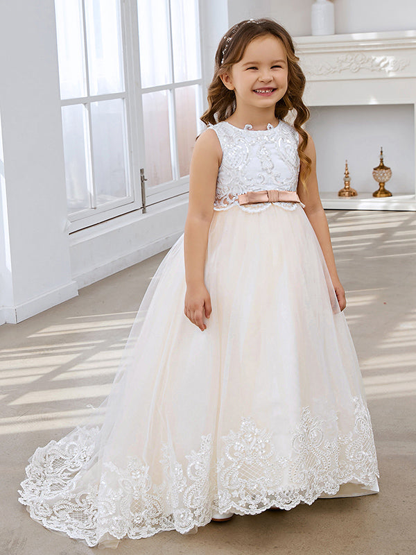 Vestido de fiesta/princesa de tul con cola larga color marfil para niña de las flores