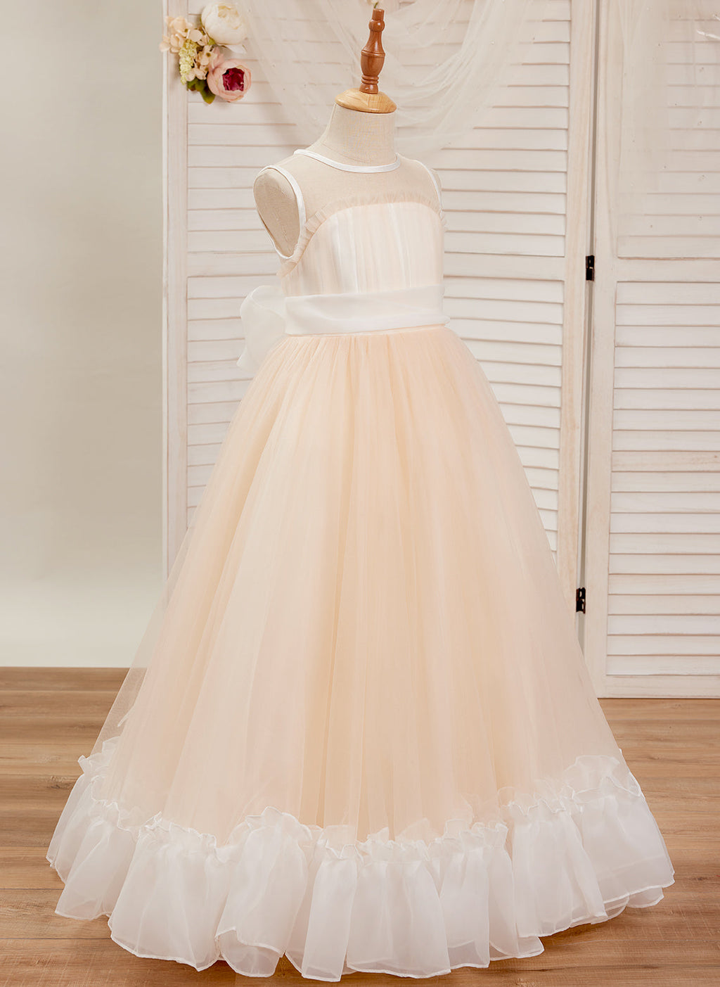 Vestido rosa de tul y organza con corte en A hasta el suelo (010226975)