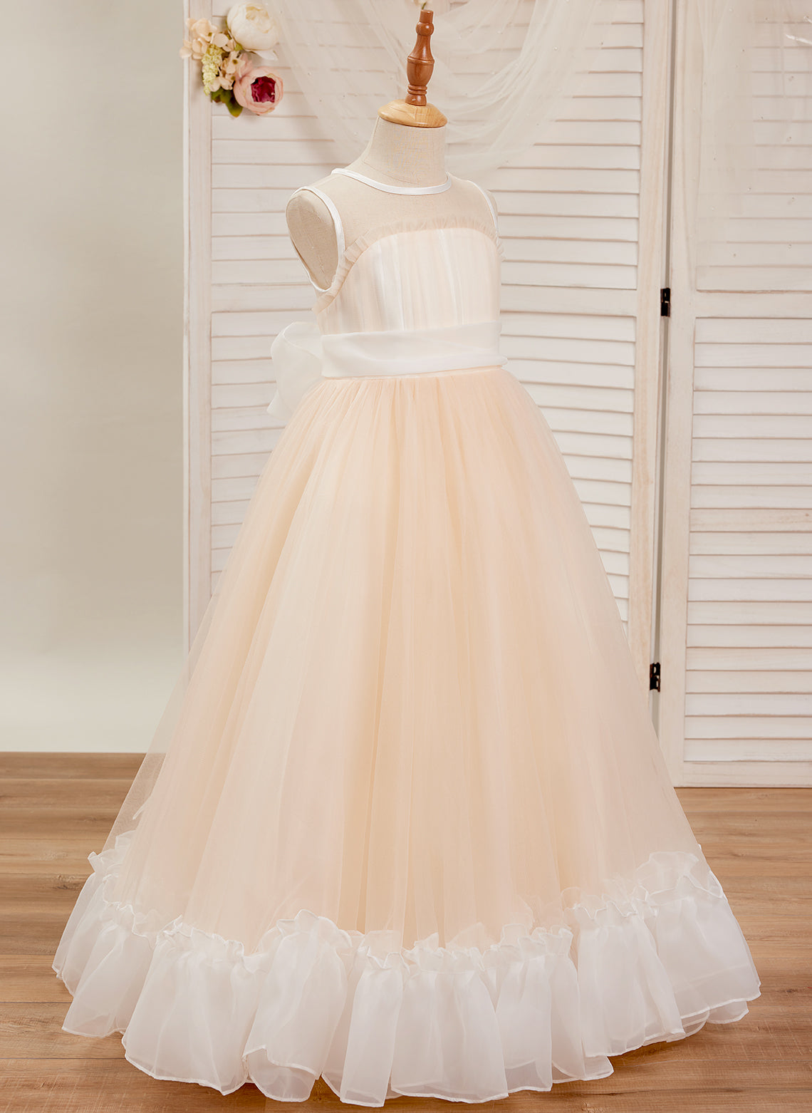 Vestido rosa de tul y organza con corte en A hasta el suelo (010226975)