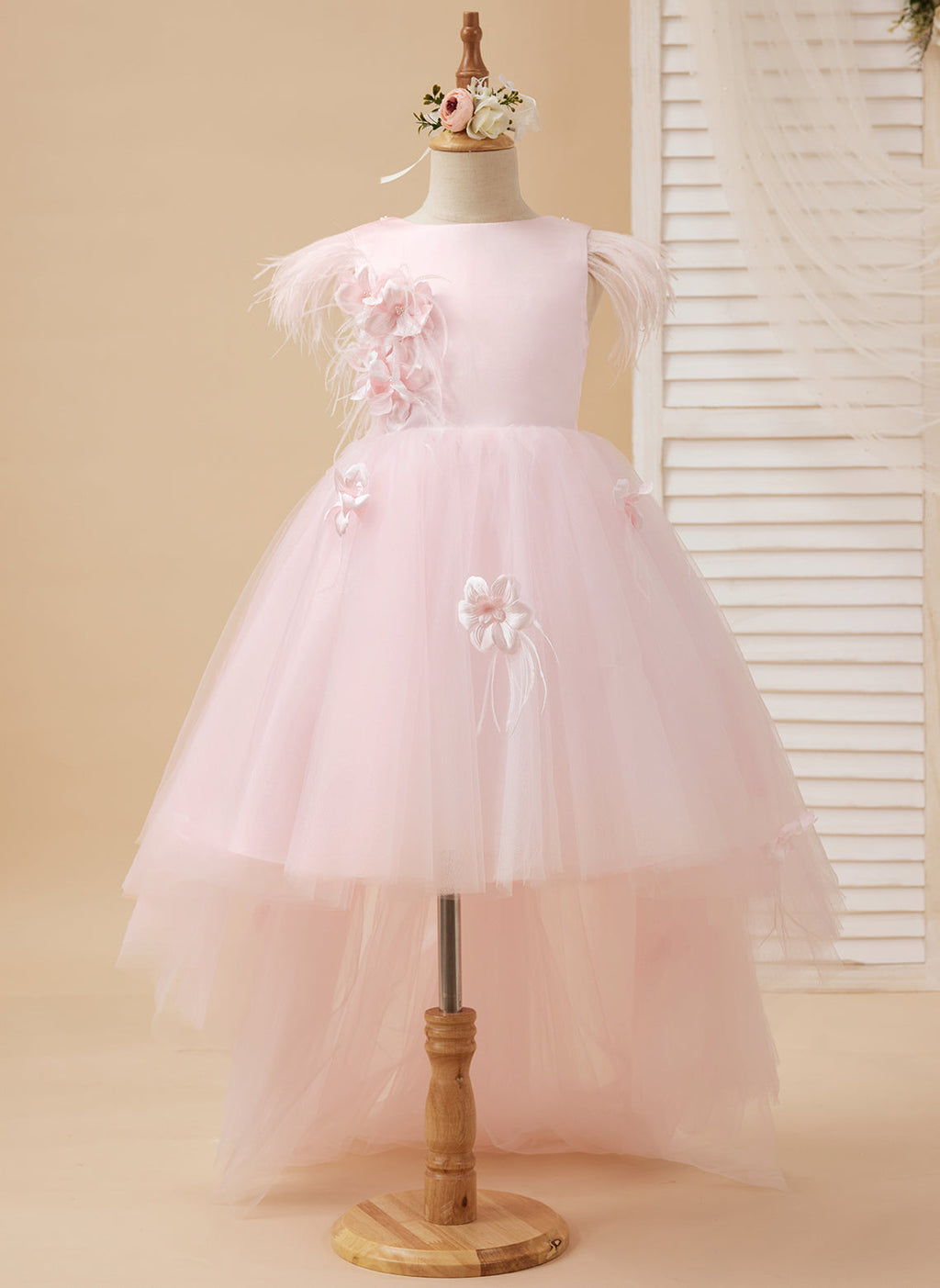 Prinzessin Ärmelloses Tüll Blumenmädchenkleid mit Perlen und Federschleife (010224704) 