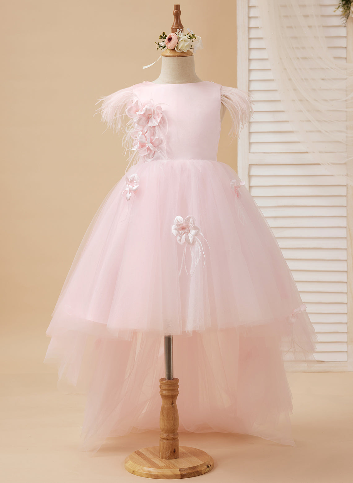 Prinzessin Ärmelloses Tüll Blumenmädchenkleid mit Perlen und Federschleife (010224704) 