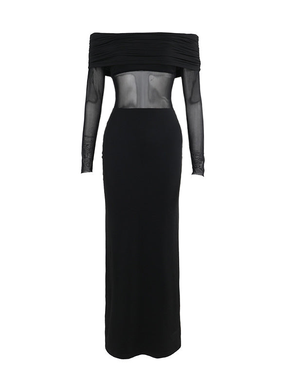 Long Sleeves Skinny Pleated See-Through Solid Color Split-Joint Off-The-Shoulder Evening Dresses Maxi Dresses