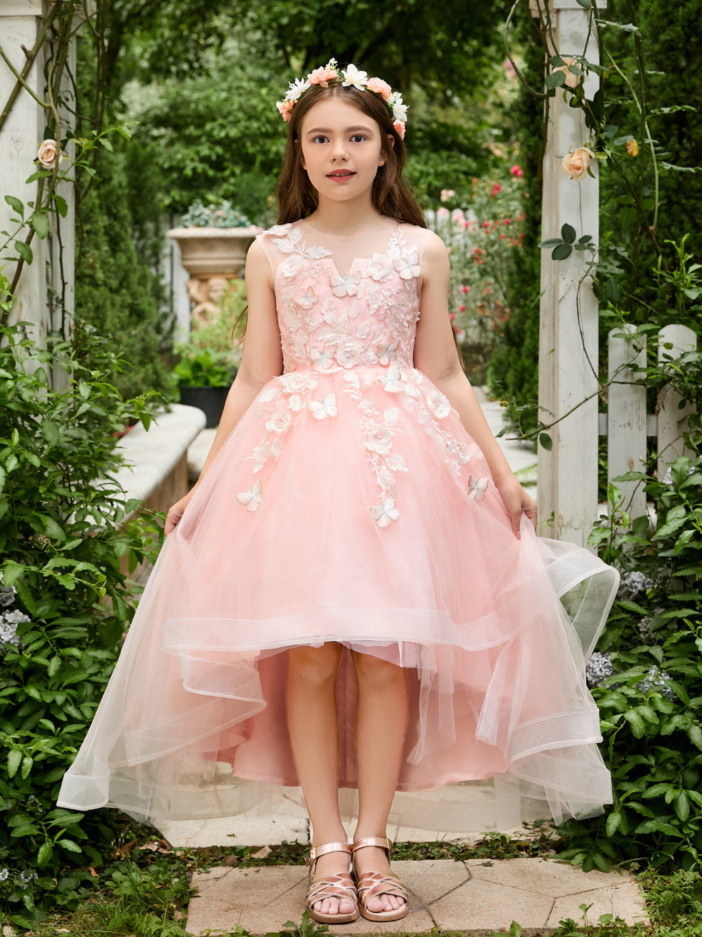 Duchesse-Linie/Princess-Linie Tüll Asymmetrisch Rosa Blumenmädchenkleid 