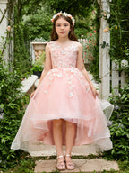 Duchesse-Linie/Princess-Linie Tüll Asymmetrisch Rosa Blumenmädchenkleid 