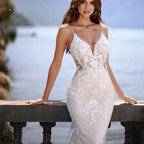 Elegant Mermaid Wedding Dress V-Neck Spaghetti Straps Lace Appliques Backless Bridal Gown Floor Length Vestidos De Novia-payinti