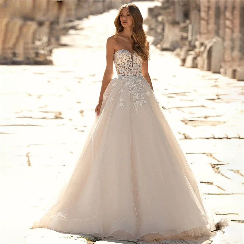 Boho Beach Strapless A Line Wedding Dresses for Women Sleeveless Bridal Lace Appliques Bride Gowns Backless Vestidos-payinti