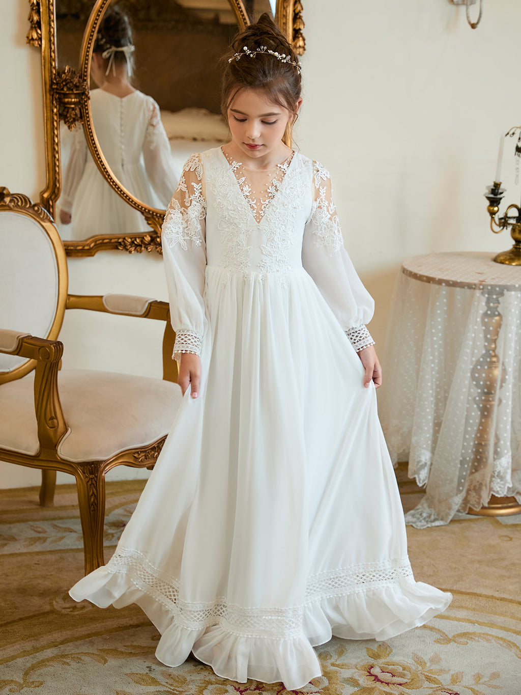 Bodenlanges Chiffon-Kleid in A-Linie und Elfenbein für die Erstkommunion 