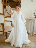 Bodenlanges Chiffon-Kleid in A-Linie und Elfenbein für die Erstkommunion 