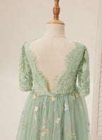 Salbeigrünes Blumenmädchenkleid aus Stoff mit U-Ausschnitt und Tüll (2003227581) 