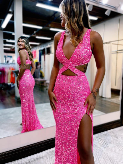 Salma | Vestido de fiesta de sirena con escote en V y lentejuelas con abertura