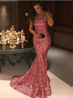 Elegante vestido de fiesta de noche largo sin tirantes con lentejuelas y sirena