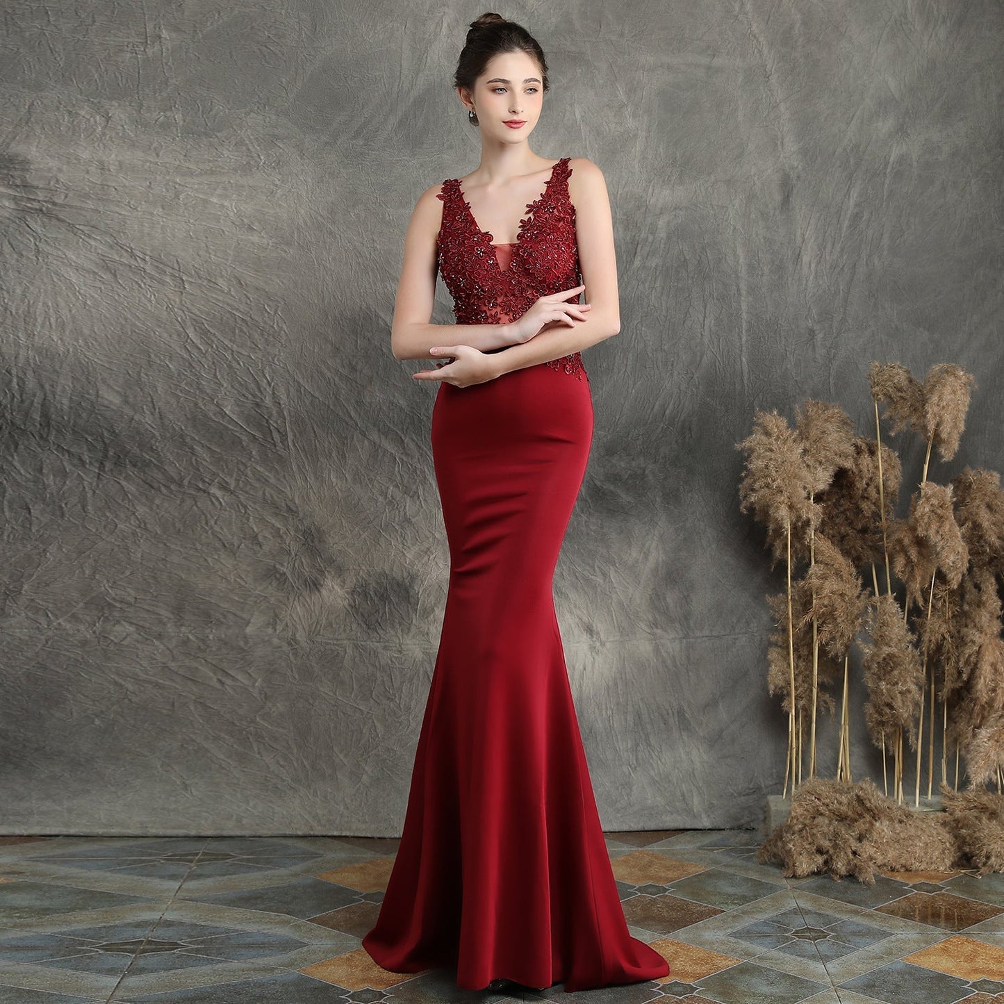Handmade Applique Beaded Toast Clothing Bride Long Appreciation Dinner Slim-Fit Fishtail Wedding Evening Dress Formal Gown