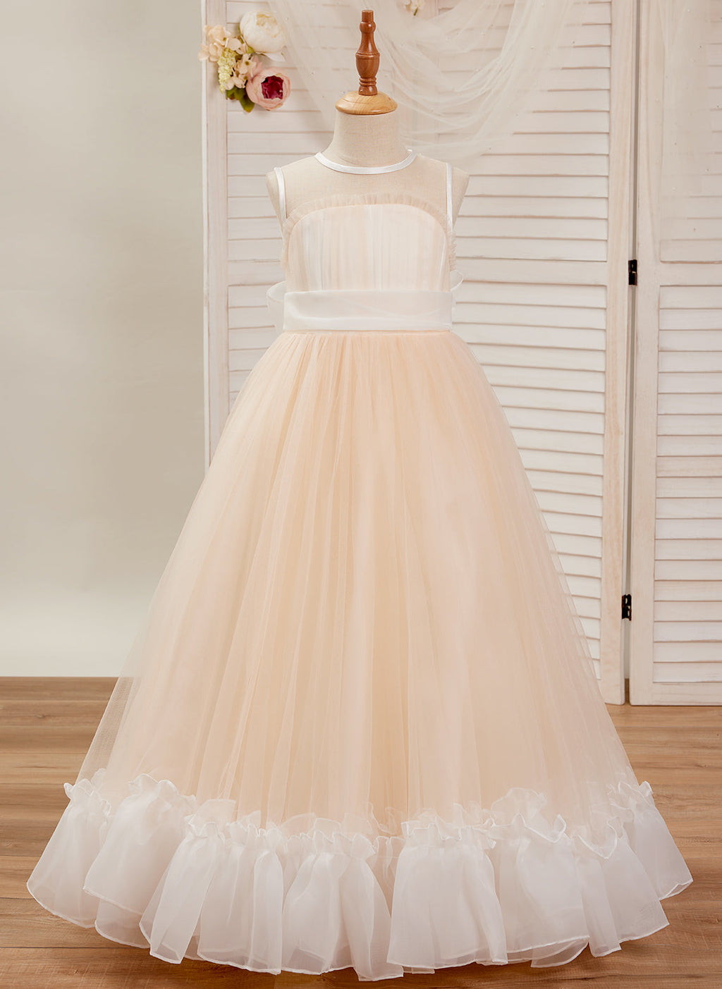 Vestido rosa de tul y organza con corte en A hasta el suelo (010226975)