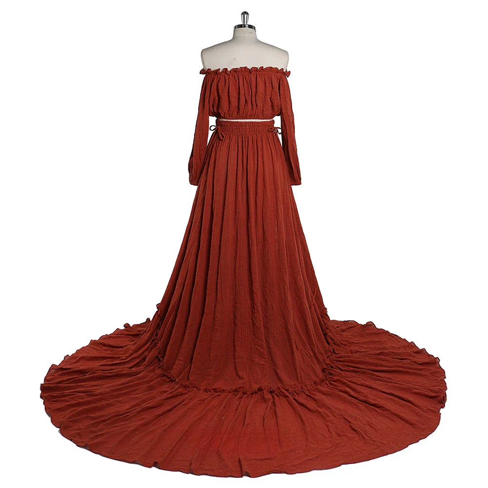 Two Pieces Gown Maternity Dresses Long Sleeves Side Slit Photography Dress Cotton Maxi Dress YEWEN SY211229