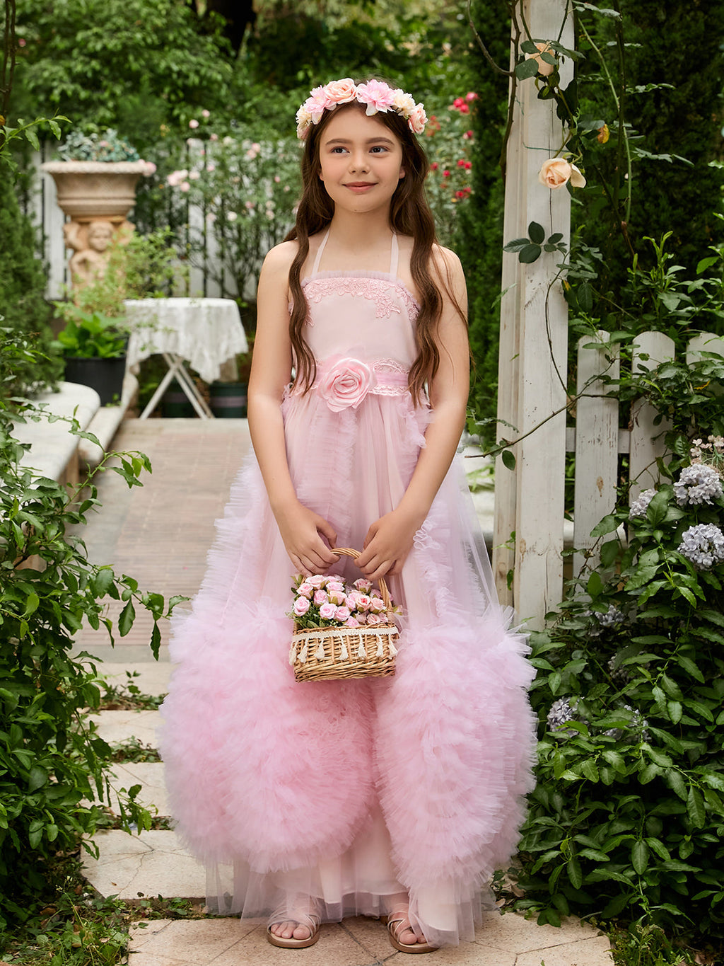A-Linie Chiffon Bodenlang Rosa Blumenmädchenkleid 
