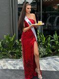 Cerissa | Vestidos de fiesta largos de sirena roja con un solo hombro y lentejuelas
