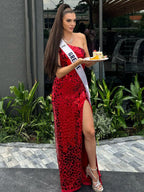 Cerissa | Vestidos de fiesta largos de sirena roja con un solo hombro y lentejuelas