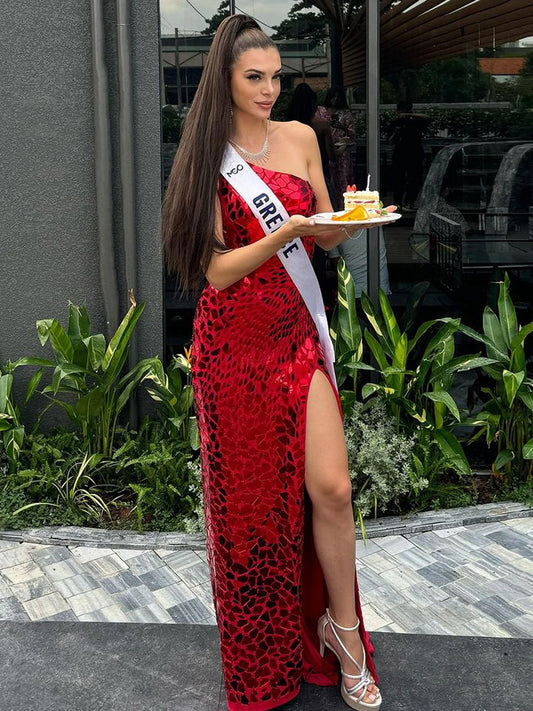 Cerissa | Vestidos de fiesta largos de sirena roja con un solo hombro y lentejuelas