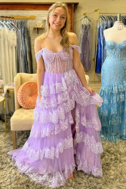 Ceryn | Vestido largo con volantes y hombros descubiertos, apliques de lentejuelas rosas