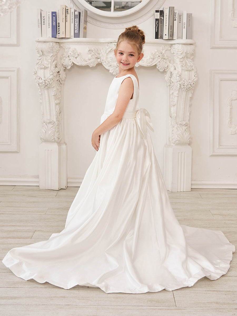 A-Linie Prinzessin Ärmelloses Satin Blumenmädchenkleid mit Schleppe und Schleife 