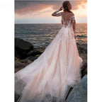 Lace Appliqued Bridal Gown For Women Illusion Long Sleeves Beach Wedding Dress Light Champagne Robe De Mariée Bride Dresses-payinti
