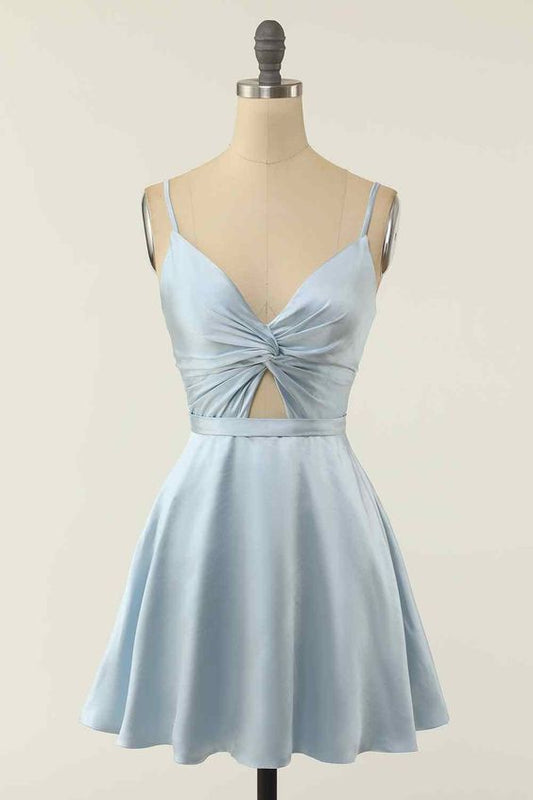 A-Linie V-Ausschnitt Twist Knoten Cut-Out Plissee Mini Homecoming Kleid Y1866