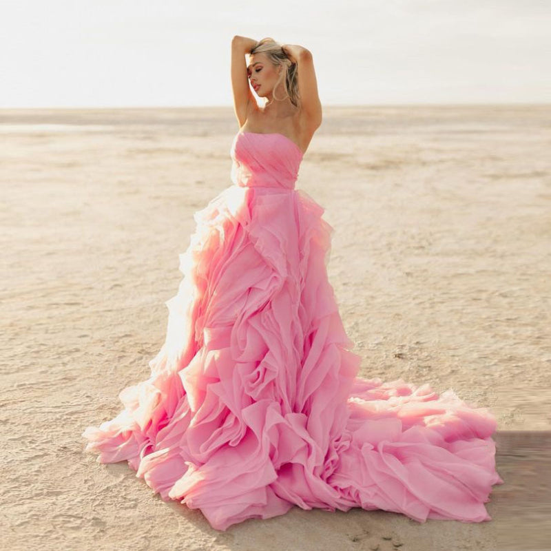 Elegant Pink Petal Ruffle Prom Party Dresses  Long Strapless Bridal Photography Dress Beach Boho Maternity Photo Shoot Gowns