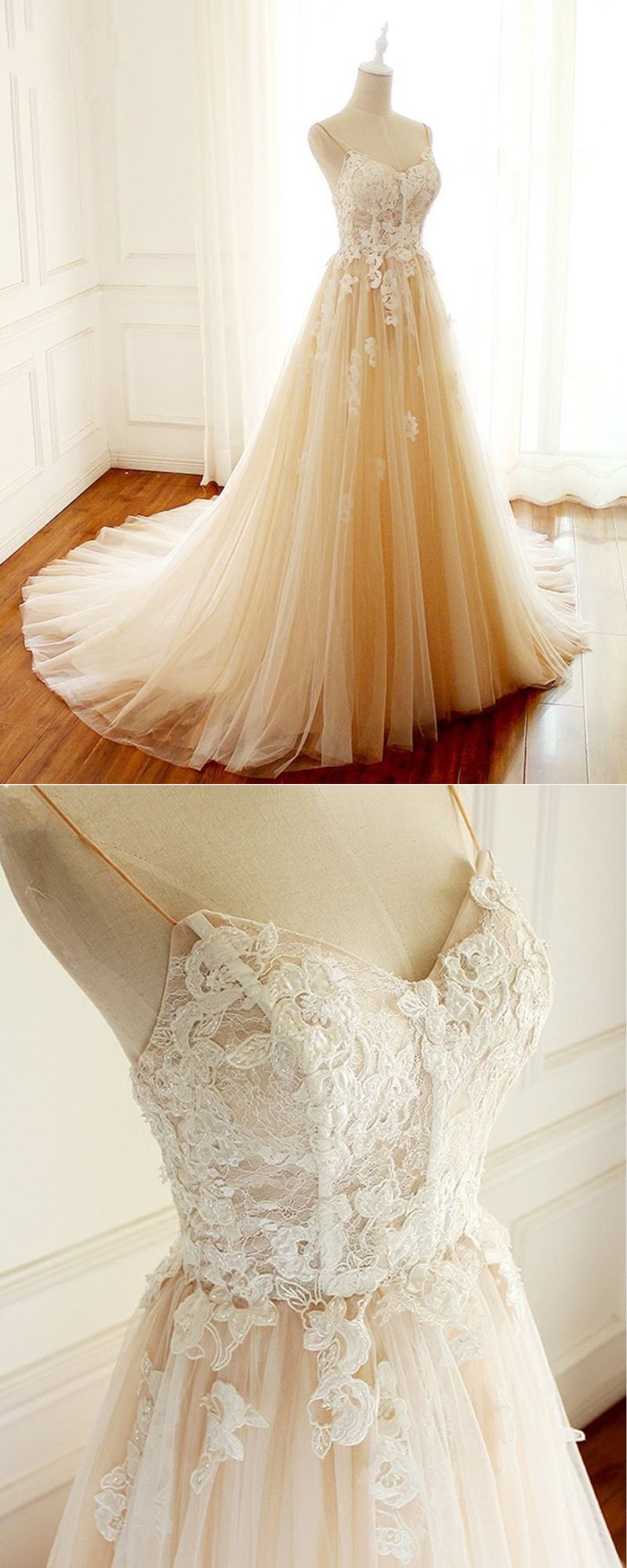 Vestido de novia largo color champán con escote en A, de tul con escote en forma de corazón y cola de espagueti
