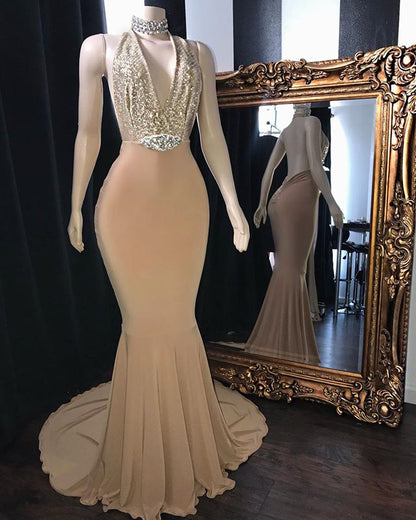 Vestidos de fiesta de sirena con cuello halter largo color champán, sexys, con escote en V y espalda descubierta.
