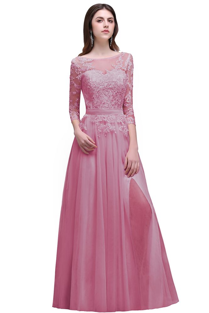 Champagnerfarbenes A-Linien-Abschlussballkleid mit Spitzenapplikationen